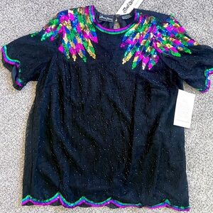 Vintage Double Queen 100% Pure Silk Handmade Sequin Short Sleeve Top In Size XL